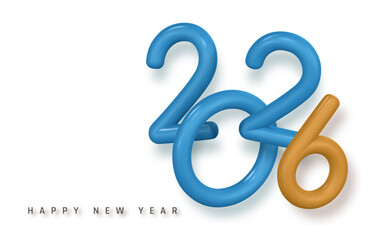 New Year 2026 Greeting with Modern 3D Balloon Numbers in Blue and Gold, Minimal Festive Typography on White Background, Ideal for Holiday Design Projects. Vector Illustration