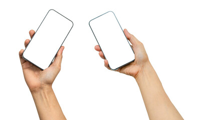 Mobile smart phone with white blank screen in Asian lady hand  for communication isolated on white background.