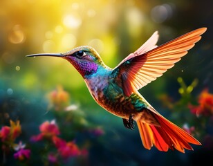 Fototapeta premium flying hummingbird with green forest in background small colorful bird in flight post processed generative ai