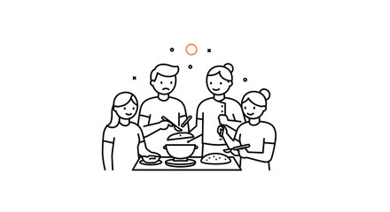 Family Cooking Together in Modern Kitchen Line Drawing