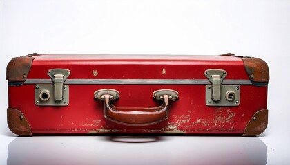 old weathered red metal suitcase closed with white background