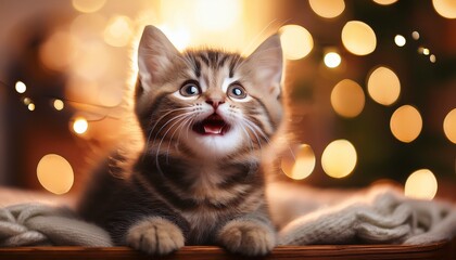 a playful kitten gazes upwards meowing joyfully amidst a warm cozy ambiance enhanced by soft glowing lights