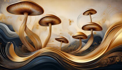 ethereal mushrooms bloom in painterly textures amid a backdrop of flowing gold lines and shadowy earth tones
