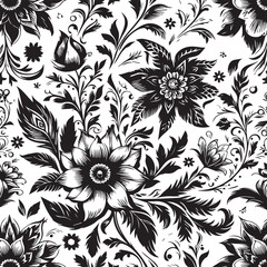 Fototapeta premium Seamless Floral Pattern Vector in Classic Black & White