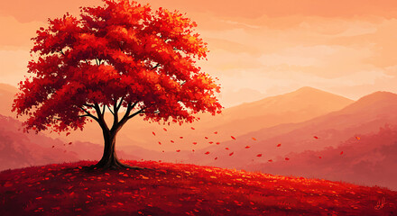 Painterly Autumn Mountain Scene with Red Tree
