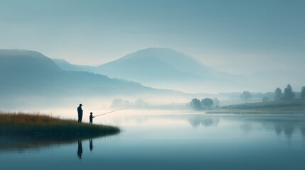 Father and son fishing by a quiet lake at sunrise. Silhouetted father and child fishing by a calm lake, soft mist, serene mood, natural lighting, peaceful outdoor bonding in nature