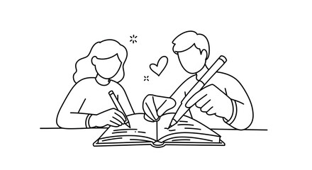 Cute Cartoon Couple Writing in Book with Heart Symbol in Black Line Art Style