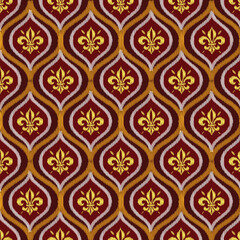 A seamless ornamental pattern featuring golden fleur-de-lis symbols enclosed in an ikat-style ogee design. The rich maroon, gold, and white tones give this artwork a regal and luxurious appearance