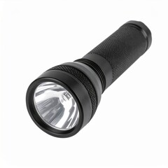 Black Metal Flashlight with Textured Grip on White Background