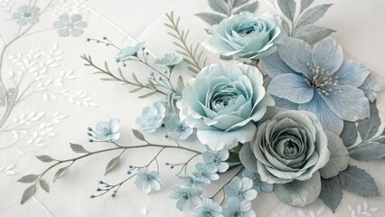 Elegant pastel blue and grey flowers arranged artistically on a textured white background.