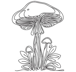 Obraz premium Highly detailed black and white line art illustration of a large mushroom with small fungi and leaves, nature botanical drawing