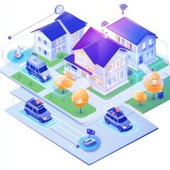 Smart Home Neighborhood Modern Houses Isometric Illustration App City Cars Road Real Plan Wifi Safe 