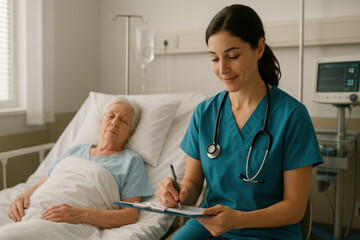 Nurse writing on patient's clipboard.