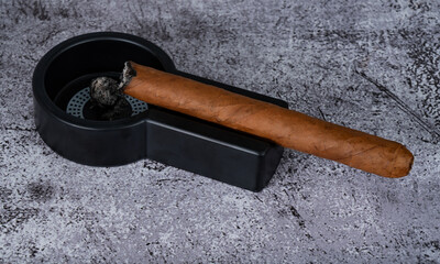 a lit cigar lies on an ashtray placed on the table