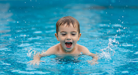 Excited child swimming. Little kid playing in blue water of swimming pool on a tropical resort at the sea. Cute boy swimming in pool water. Child splashing and having fun in swim pool.