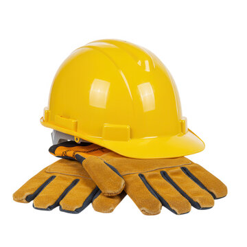 Yellow hard hat and work gloves isolated on transparent background