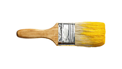 Yellow paintbrush with wooden handle isolated on transparent background