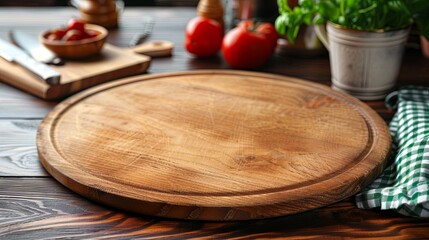 
An empty round board made of natural wood is placed on the table, surrounded by fresh vegetables and kitchen utensils, creating an atmosphere of home cooking. The perfect backdrop for culinary photog