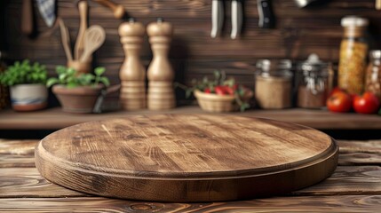 Obraz premium Empty wooden round cutting board on table against background of kitchen equipment and fresh vegetables. Selective focus.