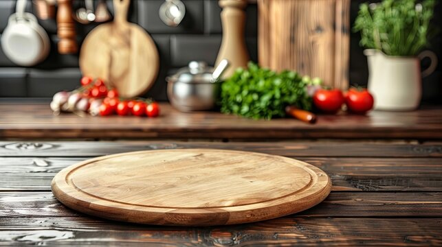 
Empty wooden round cutting board on table against background of kitchen equipment and fresh vegetables. Selective focus. The perfect backdrop for culinary photography.