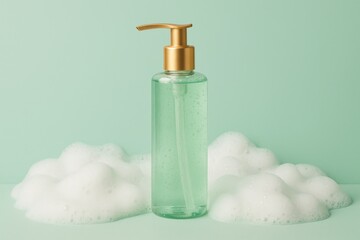 Transparent bottle with a golden pump, filled with light green gel, white soap foam on a pastel mint background
