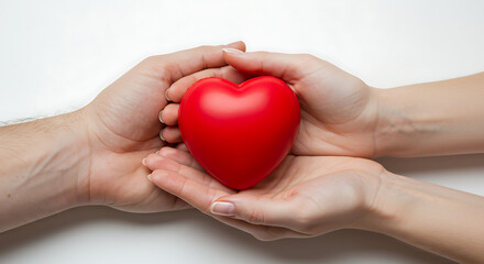 Two hands tenderly holding a vibrant red heart, symbolizing love and care.