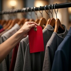  Hand holding red price tag in clothing store with blurred racks of shirts and jackets