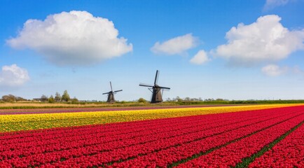 Colorful tulip field with windmills under a sunny blue sky
