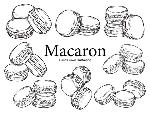 Set of hand drawn outline drawing Macarons food illustration