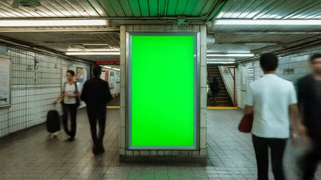 Urban subway corridor with green screen billboard in the center surrounded by blurred motion commuters