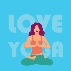 Yoga Meditation – Woman in Prayer Pose with 'LOVE YOGA' Typography on Blue Background