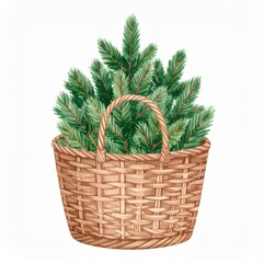 Obraz premium Watercolor Painting of Fir Branches in a Brown Basket