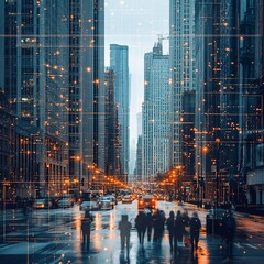 Futuristic Cityscape Night Street Digital Art Urban Modern Technology wet data rain dark blue glow  