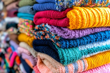 Cozy collection of vibrant woolen sweaters stacked high in natural light during autumn