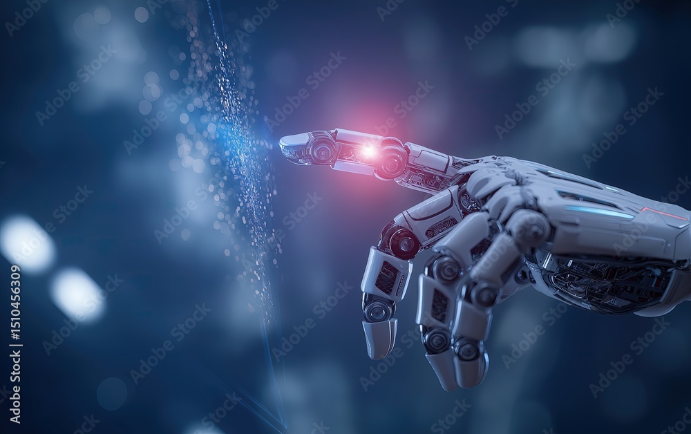 Poster robotic hand interacting with holographic data interface in glowing futuristic environment. business