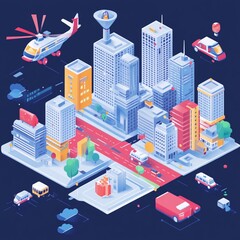 Isometric Cityscape Modern Buildings Urban Scene Design Illustration art red cars town blue flat    