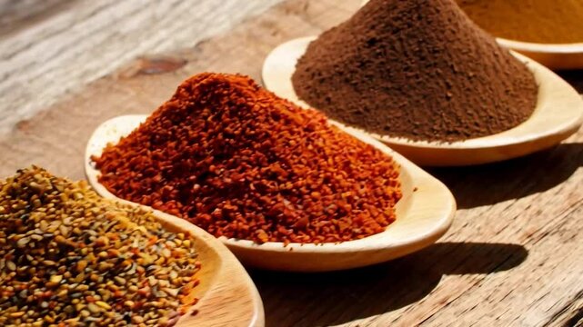 Wooden bowls filled with various colorful spices