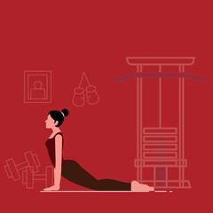 Cobra Pose Yoga – Woman Stretching on Red Background with Gym Illustrations