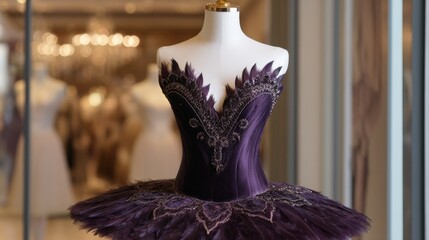 Obraz premium Elegant purple tutu dress with feather details in luxurious boutique display
