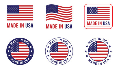 Made in USA label set. Big set of label, stickers, pointer, badge, symbol. Made in USA stamp with American flag icon on design. vector illustration.