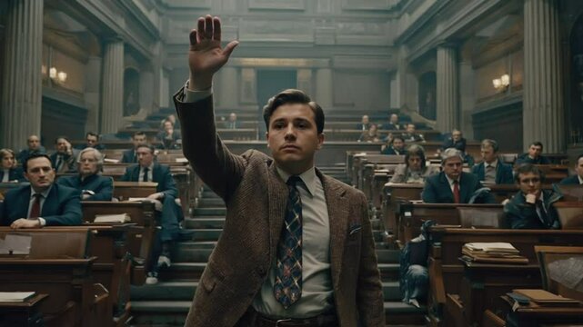 Historic looking parliament chamber tension, dim lighting, vintage wood interiors, one politician raises hand glancing nervously, politicians exchange glances, cinematic, moody 1950s cold war thriller