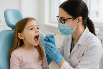 Young girl getting teeth checked by dentist.