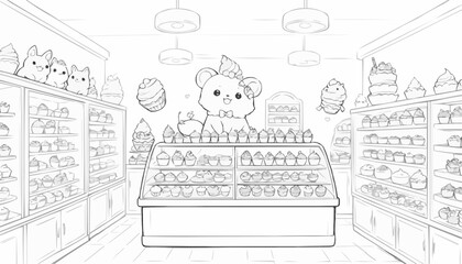 Charming illustration of a delightful dessert shop filled with adorable treats and a cute bear character in a whimsical coloring book style