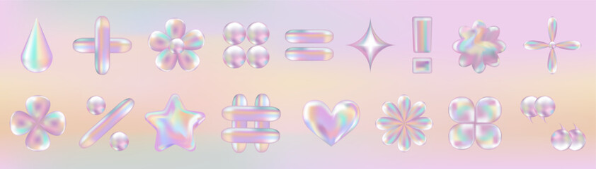 3d holographic retro 90 icons set. Pink Chrome Heart, Hashtag, Percent, Star, Daisy Flowers, abstract shapes on gradient background. Future galaxy aesthetic, 3D chrome bubble art. Metal glossy sticker