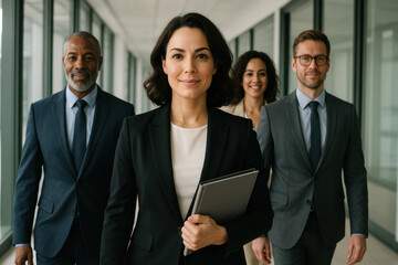 Group of business people walking down hallway.