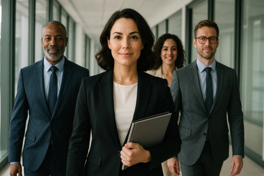 Group of business people walking down hallway.