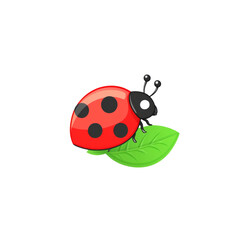 Naklejka premium Playful cartoon ladybug resting on green leaf, featuring bright red color and distinct black spots, evokes joy