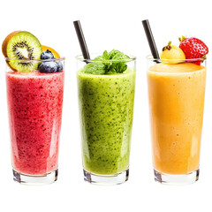 Three colorful fruit smoothies in clear glasses with straws isolated on transparent background
