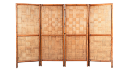 Three panel folding screen room divider made of natural bamboo, showcasing rustic and warm aesthetic. This versatile piece