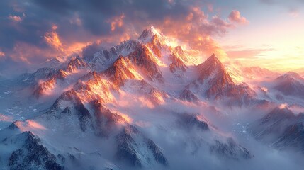 Snowy mountain peak at sunset with clouds